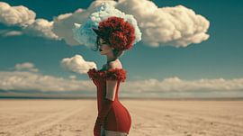 Cloudy sky, Retro-Surrealism: woman in a landscape