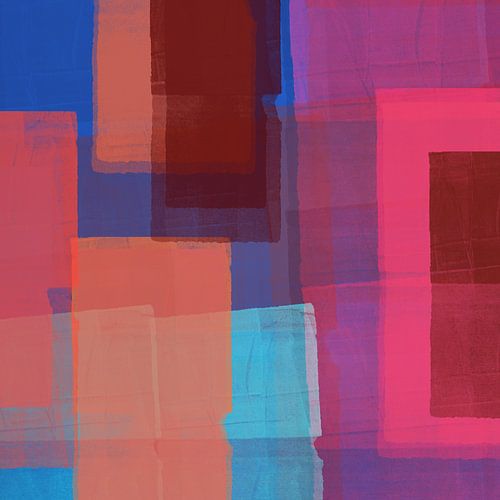 Abstract landschap. Kleurblokken in neonroze, kobaltblauw, terra