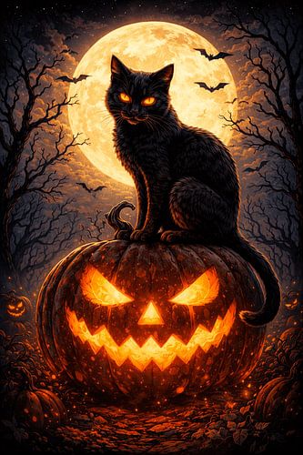 Mitternachtswächter – Schwarze Katze auf Kürbislaterne