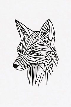 Illustration minimaliste d'un renard au trait noir sur De Muurdecoratie