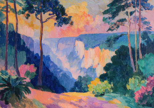 Post-Impressionist mountain landscape in shades of violet and orange