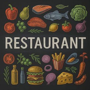 Illustration d'un tableau noir avec des légumes, du poisson, un hamburger et des frites. Restaurant