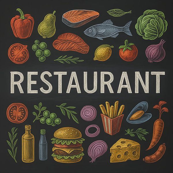 Blackboard illustration with vegetables, fish, burger and fries. Restaurant by Basahen