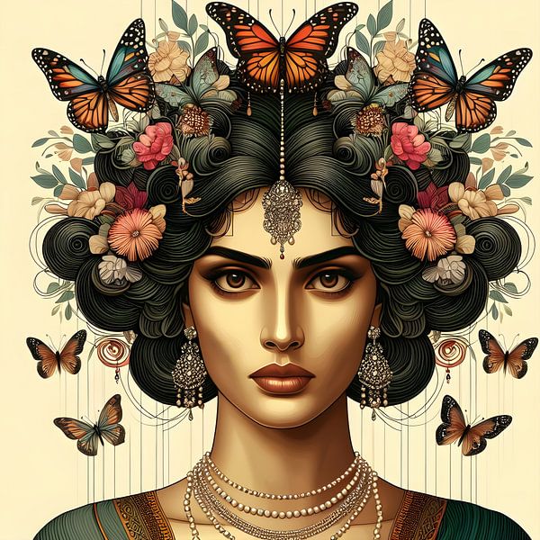 Female portrait with butterflies and flowers by Jessica Berendsen
