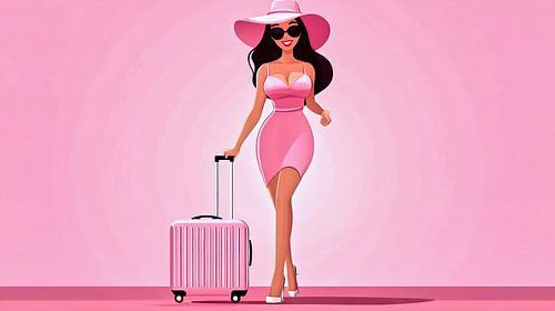 Elegante vrouw reizend met een roze koffer