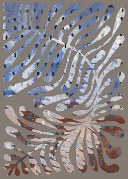 Groot blad in roestbruin en blauw. Wabi- sabi botanische collage. van Dina Dankers