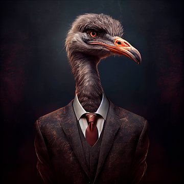Statig portret van een Struisvogel in een chic pak van Maarten Knops