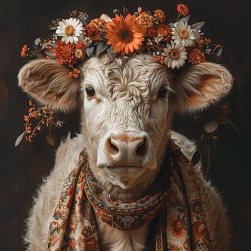 Décoration florale et idylle à la ferme : une vache avec une couronne de fleurs comme incarnation de la beauté rurale sur Felix Brönnimann