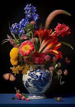 A Delft blue vase with flowers by Luc de Zeeuw