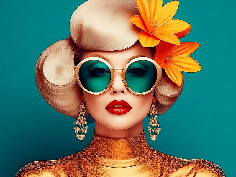 Frau im Retro-Look mit Blumen im Haar, Serie: Colourful Retro -10 von Studio Pieternel
