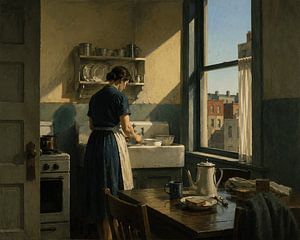 Vintage Kitchen Sunlight Painting — Quiet Domestic Realism Wall Art