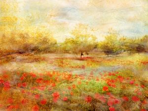 Landschaft mit Mohnblumenfeld und blauen Himmel