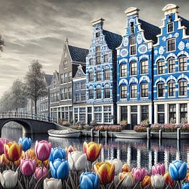 Tulpen am Wasser - Delfter Blau Kanalansicht von Kleurenrijk