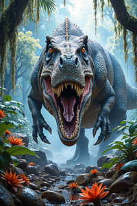 Fantasy Art Wandbild: KRAZORYN - Ein Tyrannosaurus Rex frontal im Dschungel