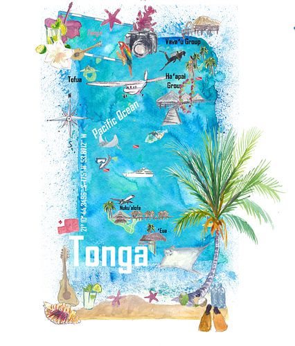 Tonga Polynésie Carte de voyage illustrée avec les points forts touristiques