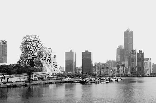 Skyline von Kaohsiung in Schwarzweiß: Hafenpanorama mit Music Center und 85 Sky Tower von NZME Photography