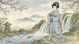 Geisha neben einem Wasserfall unter blühenden Kirschbäumen von my pixel art