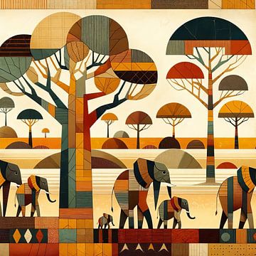 Collage Éléphants d'Afrique dans la savane africaine sur Lois Diallo