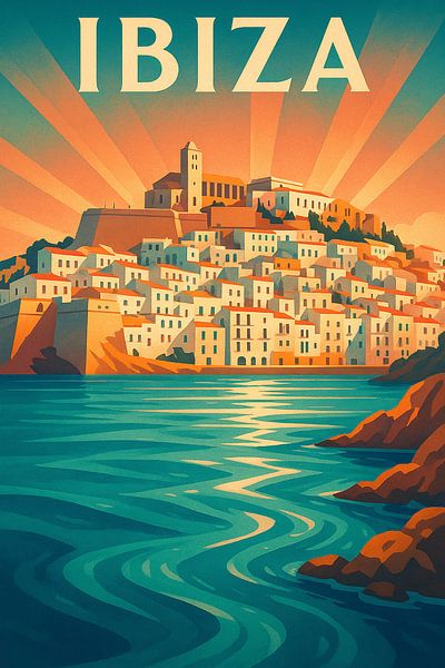 Ibiza Old Town Glow - Affiche de voyage Vintage Art Deco par Travel Shop
