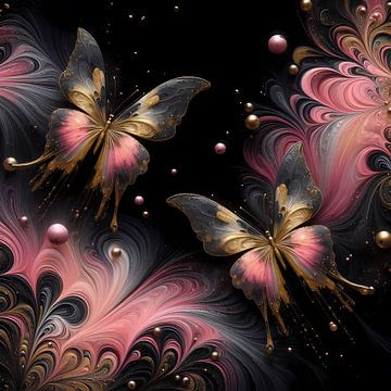 Vlinders in de ruimte: een spel van zwart, goud en rosé van ButterflyPix