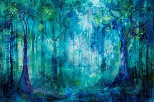 Abstract impressionist forest with green and blue light