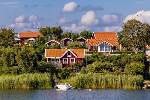 Cute Swedish red houses along the coast