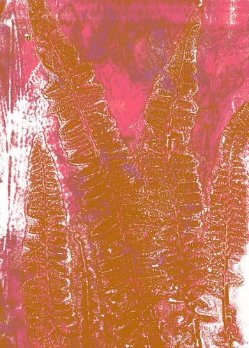 Abstract botanisch. Varens in terracotta, lila en felroze.