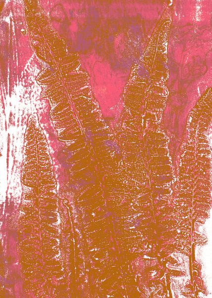 Abstrakte Botanik. Farne in Terrakotta, Lila und leuchtendem Pink. von Dina Dankers