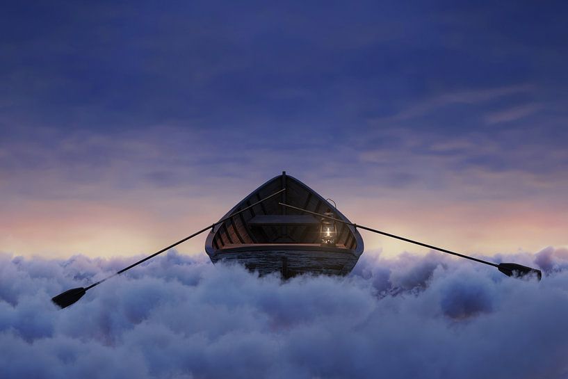 Bateau abandonné au-dessus d'une mer de nuages à l'heure bleue par Besa Art