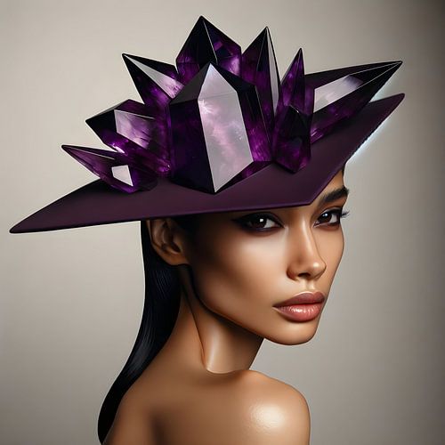 Vrouwelijk model met een hoed van amethist kristallen