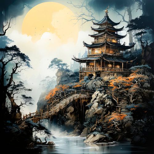 Japanse pagode op rotsen in het maanlicht