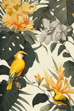 Jungle, fond blanc et oiseaux sur Digitale Schilderijen