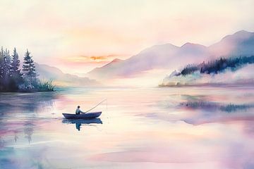 Vissers bij zonsopgang op het meer van Poster Art Shop
