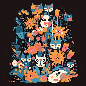 Katzen und Blumen im Stil von Charley Harper von Jan Bechtum