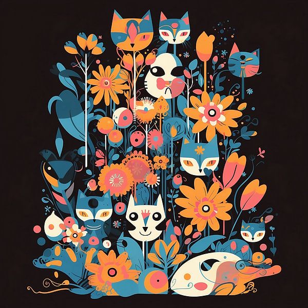 Katten en bloemen in de stijl van Charley Harper van Jan Bechtum