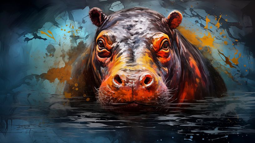 Fond artistique abstrait avec un hippopotame, en design peinture à l'huile par Animaflora PicsStock