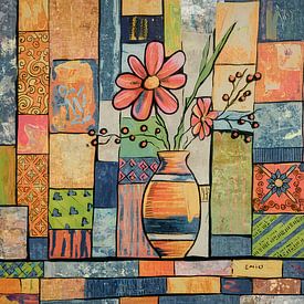 Buntes Kunstwerk Vase mit Blumen von Emiel de Lange