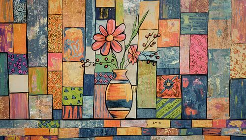 Kleurig kunstwerk vaas met bloemen