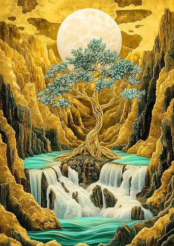 Kintsugi Goldener Bonsai am Wasserfall