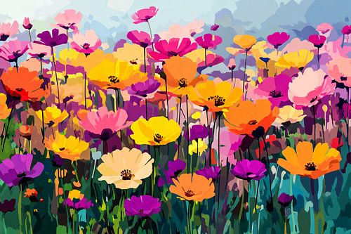 Kleurrijk bloemenveld met natuur