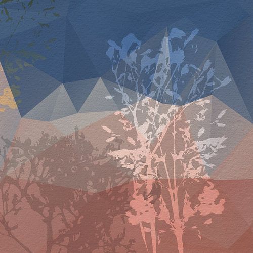 Modern abstract botanisch. Planten en vormen in blauw, taupe, warm bruin, goud.