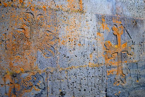 Armenian crosses carved out in a church-wall