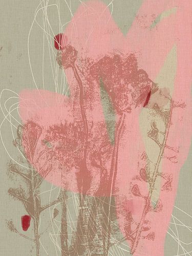 Kleurrijke botanische kunst in pastelroze, grijs en beige. Monotypes weidebloemen.