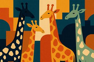 Quatre girafes dans une géométrie colorée