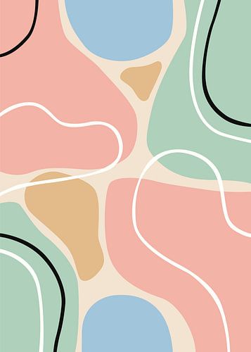 Minimalistische, flache, abstrakte Vektorillustration mit bunten organischen Formen und geschwungenen Linien