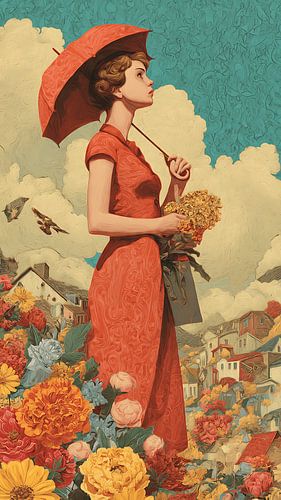 Melancholie onder de paraplu – Vintage surrealistische digitale kunstillustratie