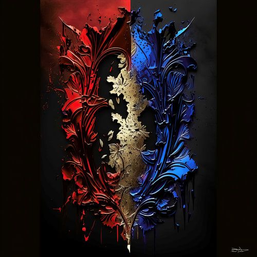 Abstract in gold red and blue.