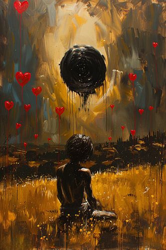 Eenzame figuur met zwevende harten