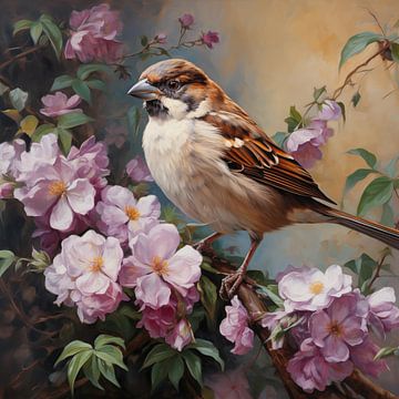 Sparrow with flowers by The Xclusive Art