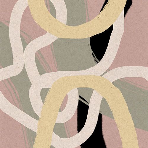 Modern abstract schilderij organische lijnen en vormen roze groen geel